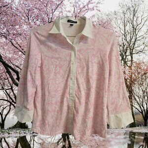 Women's Lands End M 10/12 Shirt Button Up Pink White Paisley 3/4 Sleeves EUC